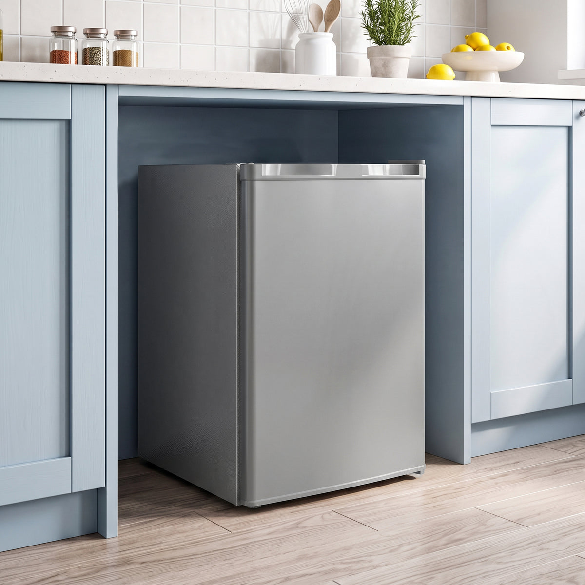 Grey tabletop mini freezer with closed door next to kitchen cabinets