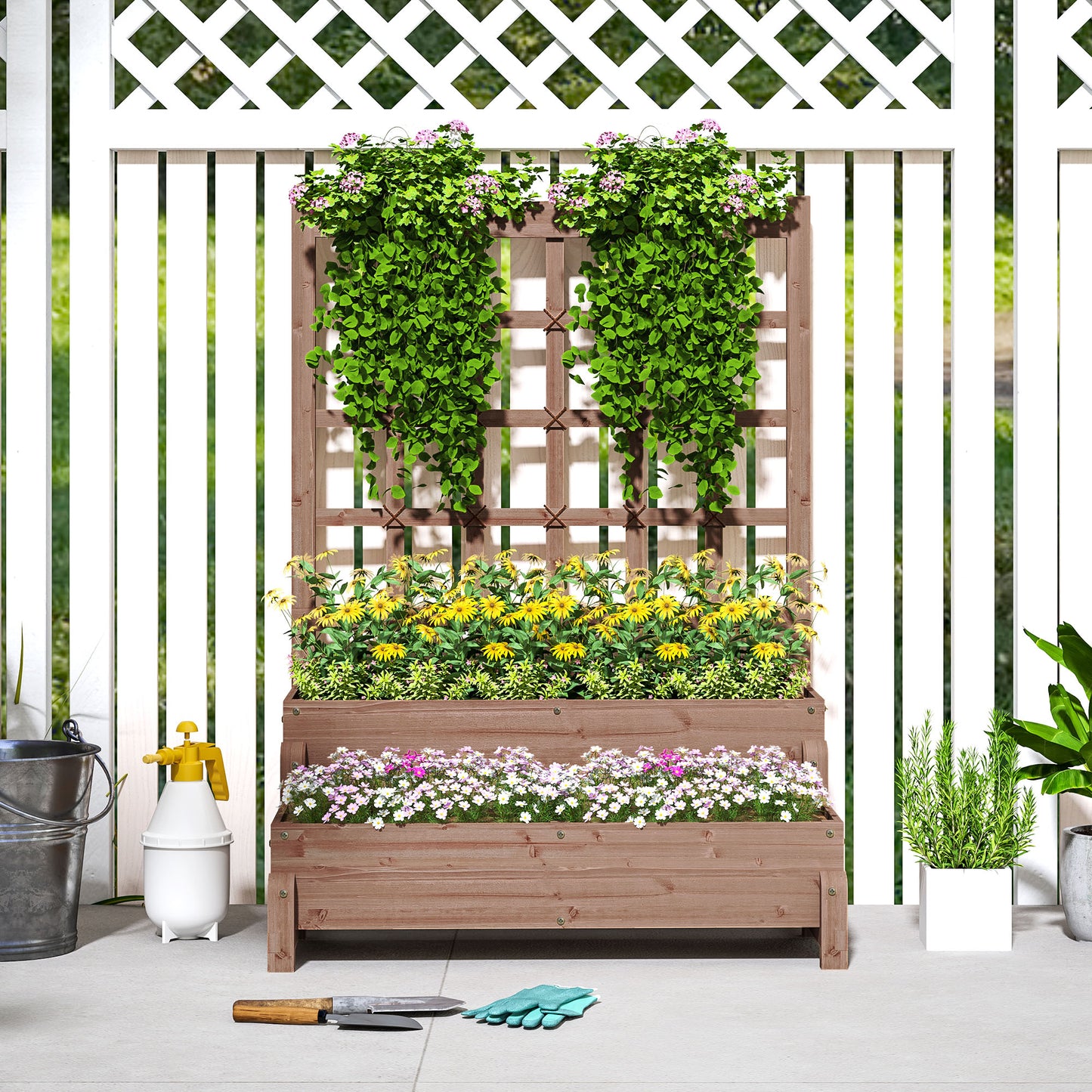 Outsunny 2 Tier Raised Garden Bed With Trellis Wooden Planter Box Drainage Holes For Climbing Plants