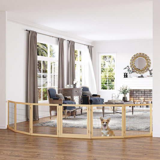 PawHut Wooden Pet Gate, Freestanding Dog Safety Barrier with Two Support Feet - Natural - ALL4U RETAILER LTD