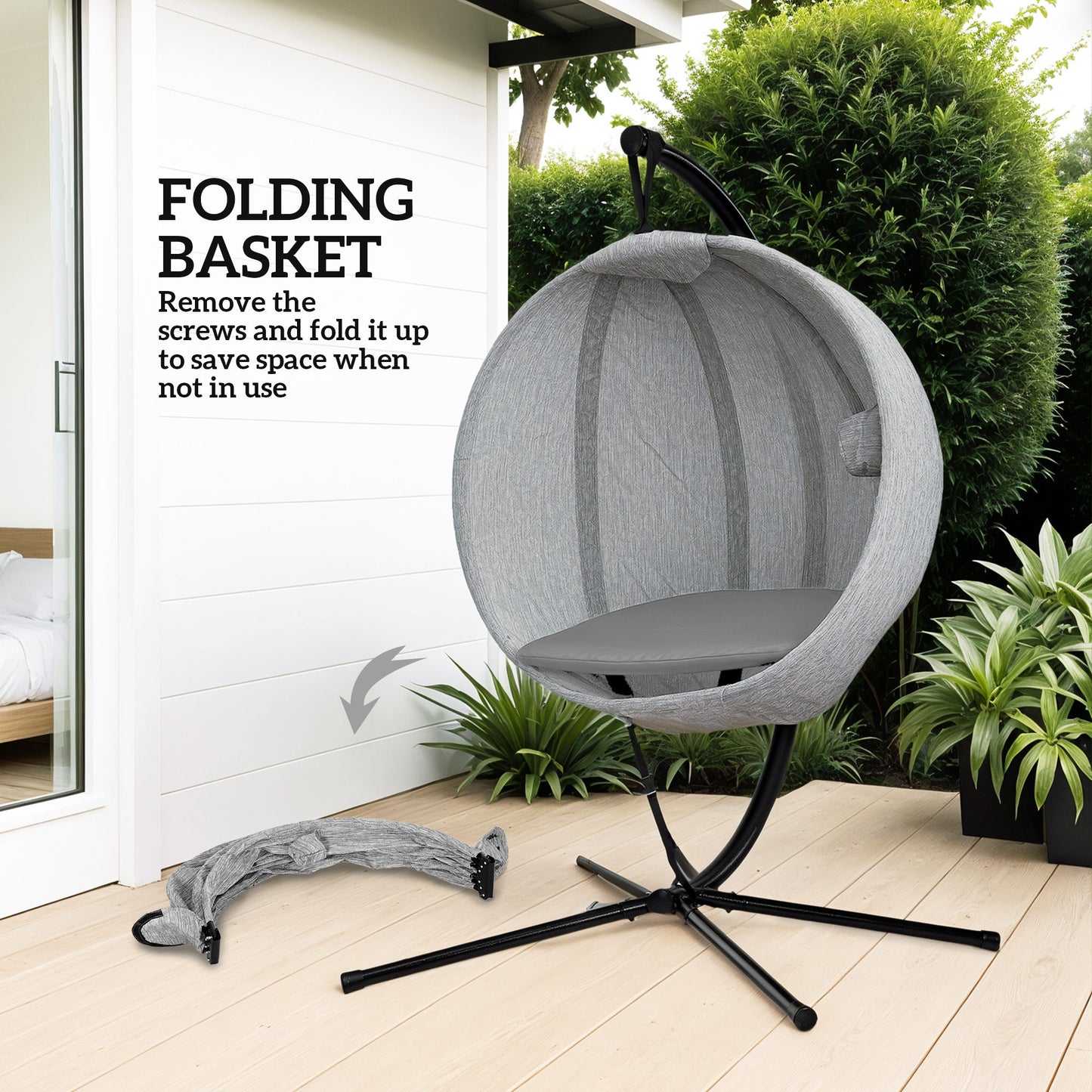 Outsunny Hanging Egg Chair for Patio Outdoor Indoor Garden Swing with Folding Basket Thick Cushion Cup Holder Grey