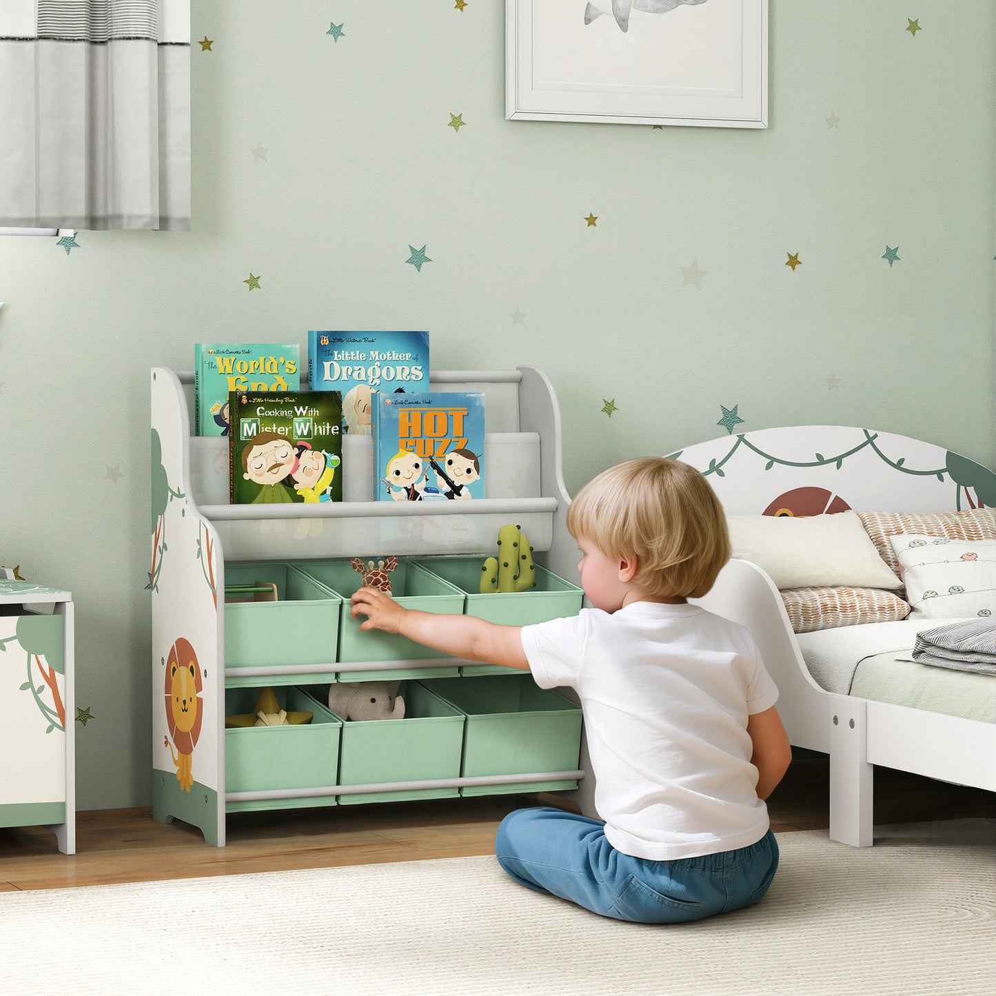 AIYAPLAY Kids Toy Storage Unit With 6 Fabric Drawers And 2 Tier Sling Book Rack For Bedroom Playroom Nursery Green