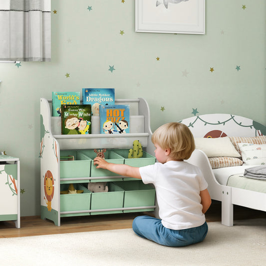 AIYAPLAY Kids Toy Storage Unit With 6 Fabric Drawers And 2 Tier Sling Book Rack For Bedroom Playroom Nursery Green
