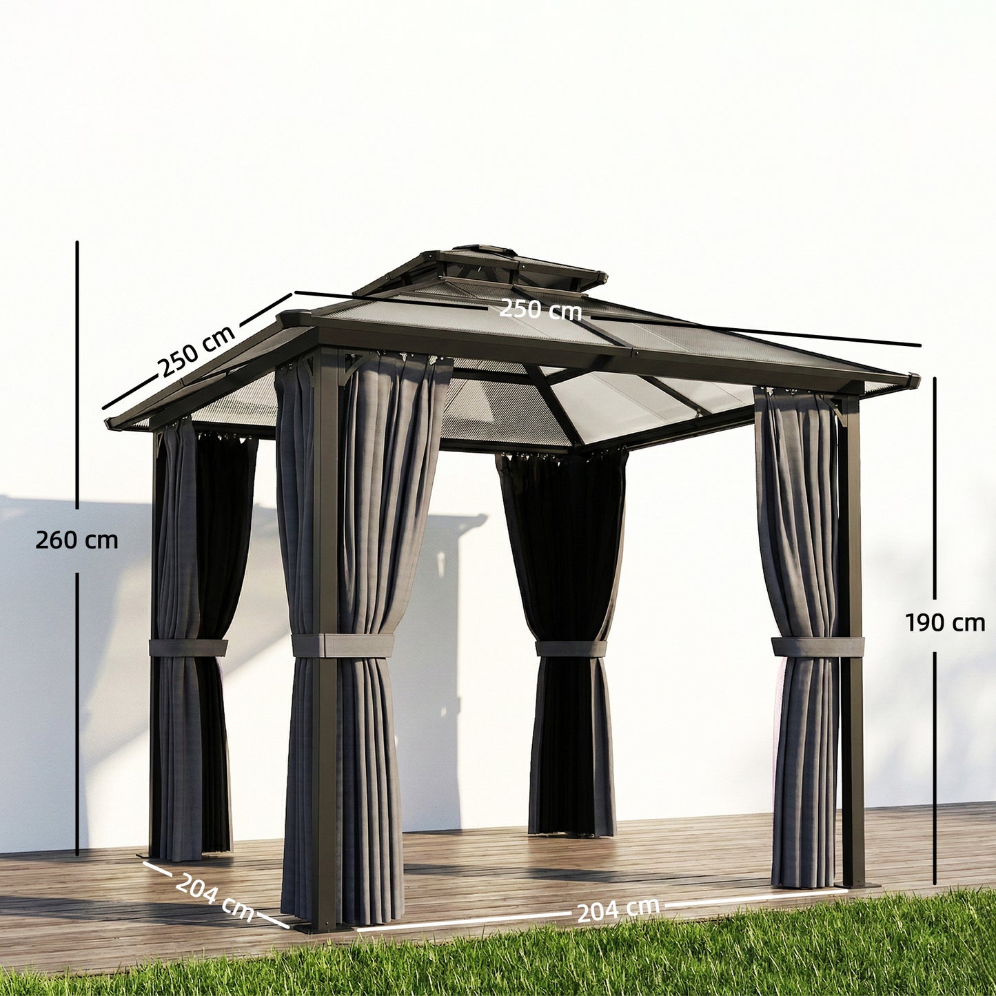 Outsunny 2.5m By 2.5m Hardtop Gazebo With Double Polycarbonate Roof And Drainage System Permanent Pavilion Dark Grey