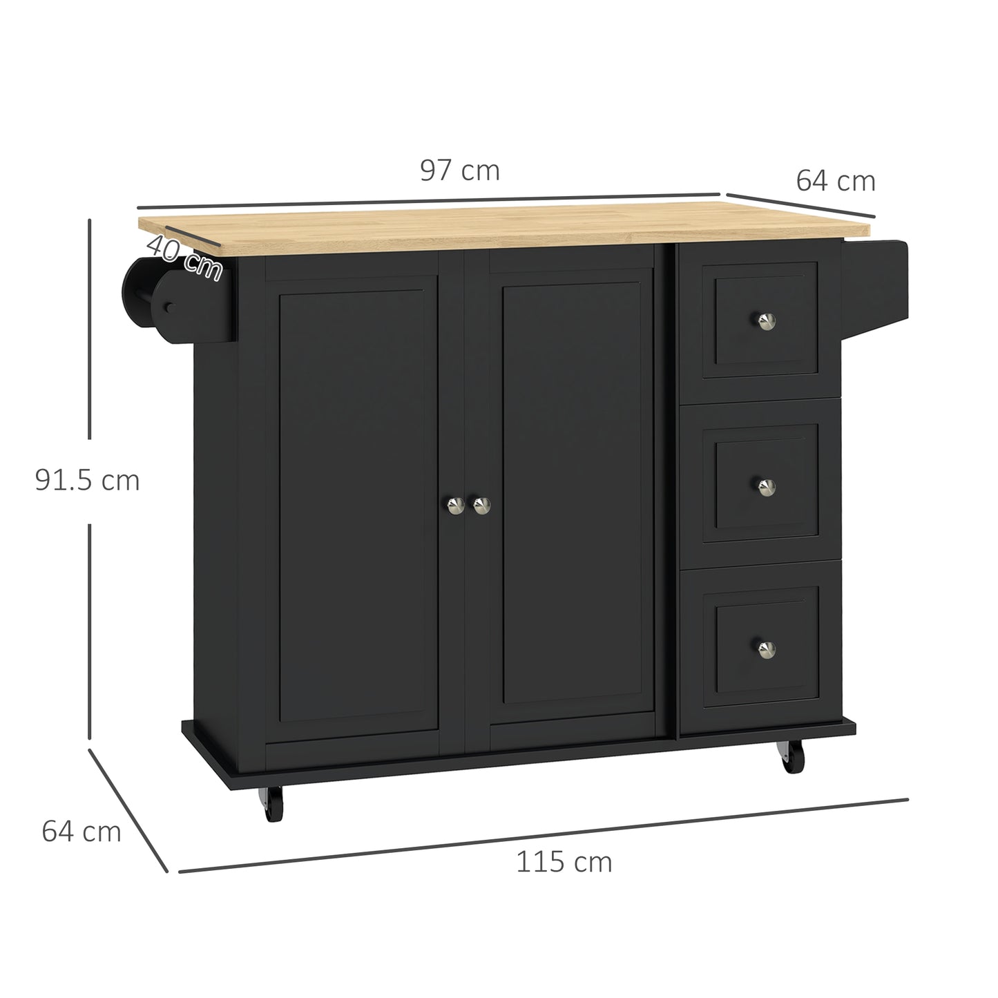 HOMCOM Kitchen Island On Wheels With Drop Leaf Black Rubberwood Top Rolling Storage Trolley Featuring 3 Drawers