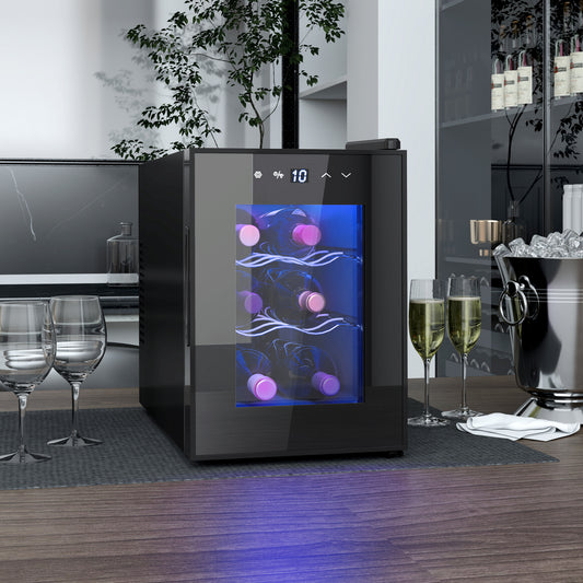 HOMCOM Six Bottle Countertop Wine Fridge Black With Adjustable Chrome Racks 8-18 Celsius Triple Glass Door