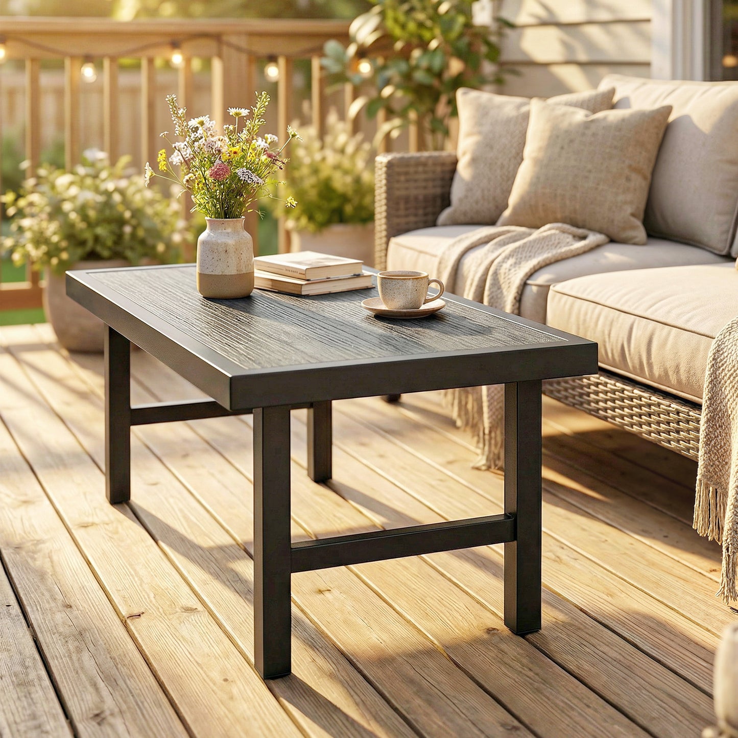 Outsunny Metal Garden Coffee Table With SPC Woodgrain Tabletop 100 x 52 x 46 cm Outdoor Side Table Dark Grey