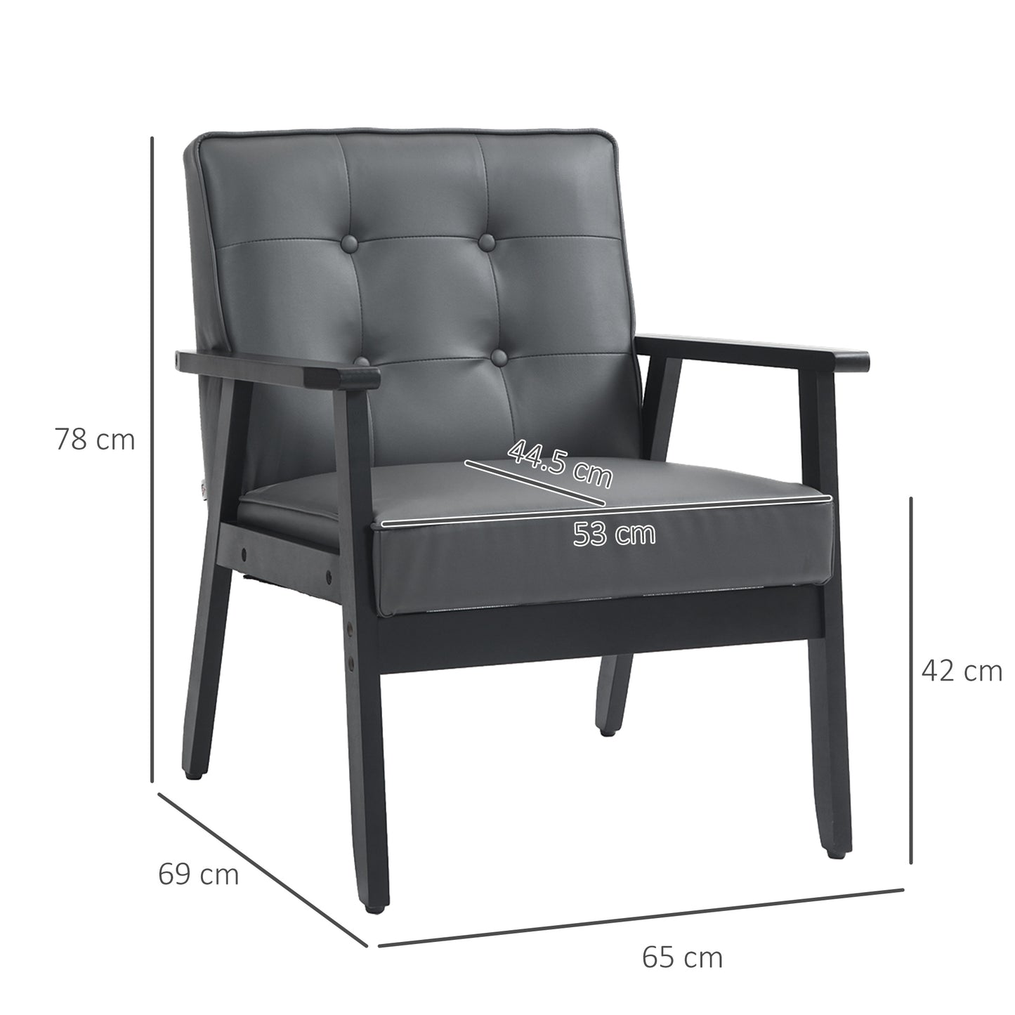 HOMCOM Set of 2 Accent Chairs PU Leather Armchairs With Beech Wood Frame For Living Room Bedroom Balcony Grey