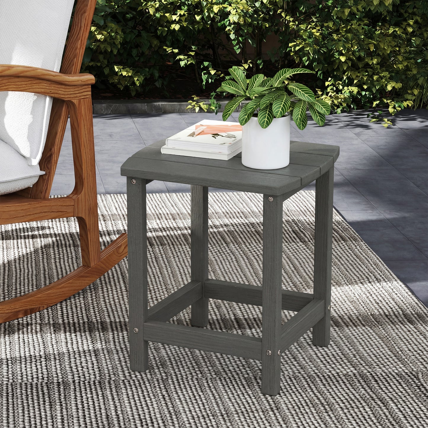 Outsunny All Weather HDPE Garden Side Table With Wood Effect Texture For Indoor Outdoor Patio Grey