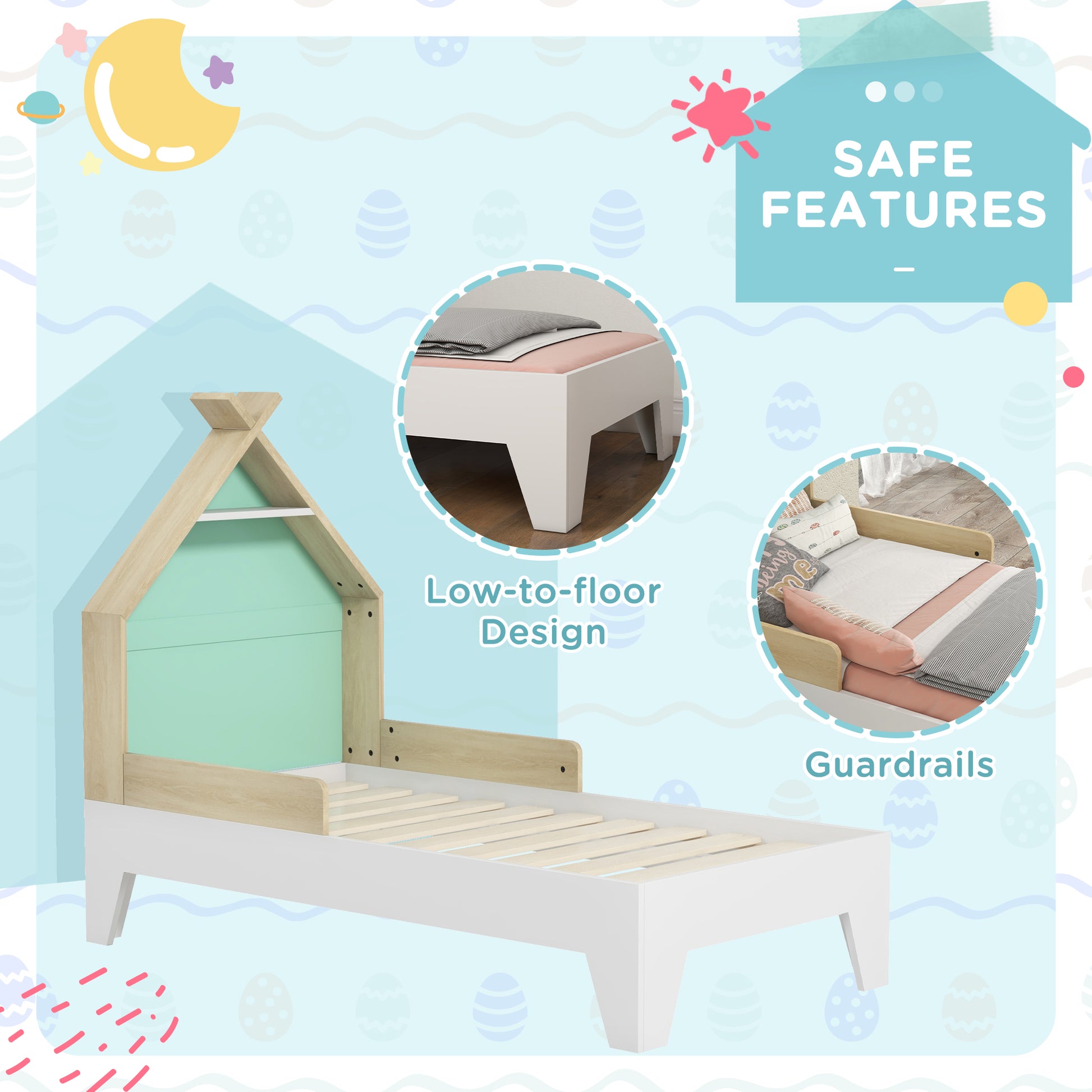 AIYAPLAY Treehouse-Themed Toddler Bed Frame with Safety Guardrails – Kids Single Bed, 144L x 74W x 110H cm - ALL4U RETAILER LTD