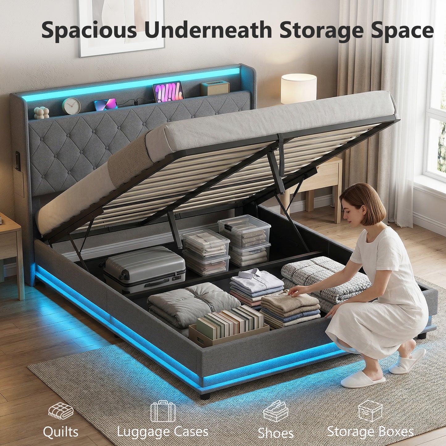 HOMCOM 5ft King Bed Frame With Hydraulic Storage Headboard LED Lights And Charging Station Grey