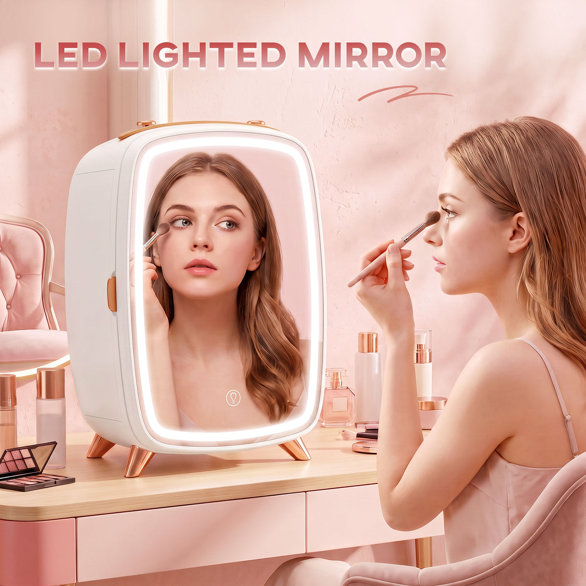 White skincare refrigerator with LED-lit mirror door, makeup artist applying product at vanity