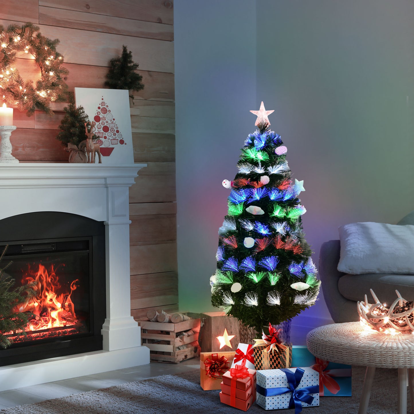 HOMCOM 4FT Pre-Lit Green Christmas Tree with LED Lights and Fibre Optic Ornaments for Holiday Decor - ALL4U RETAILER LTD