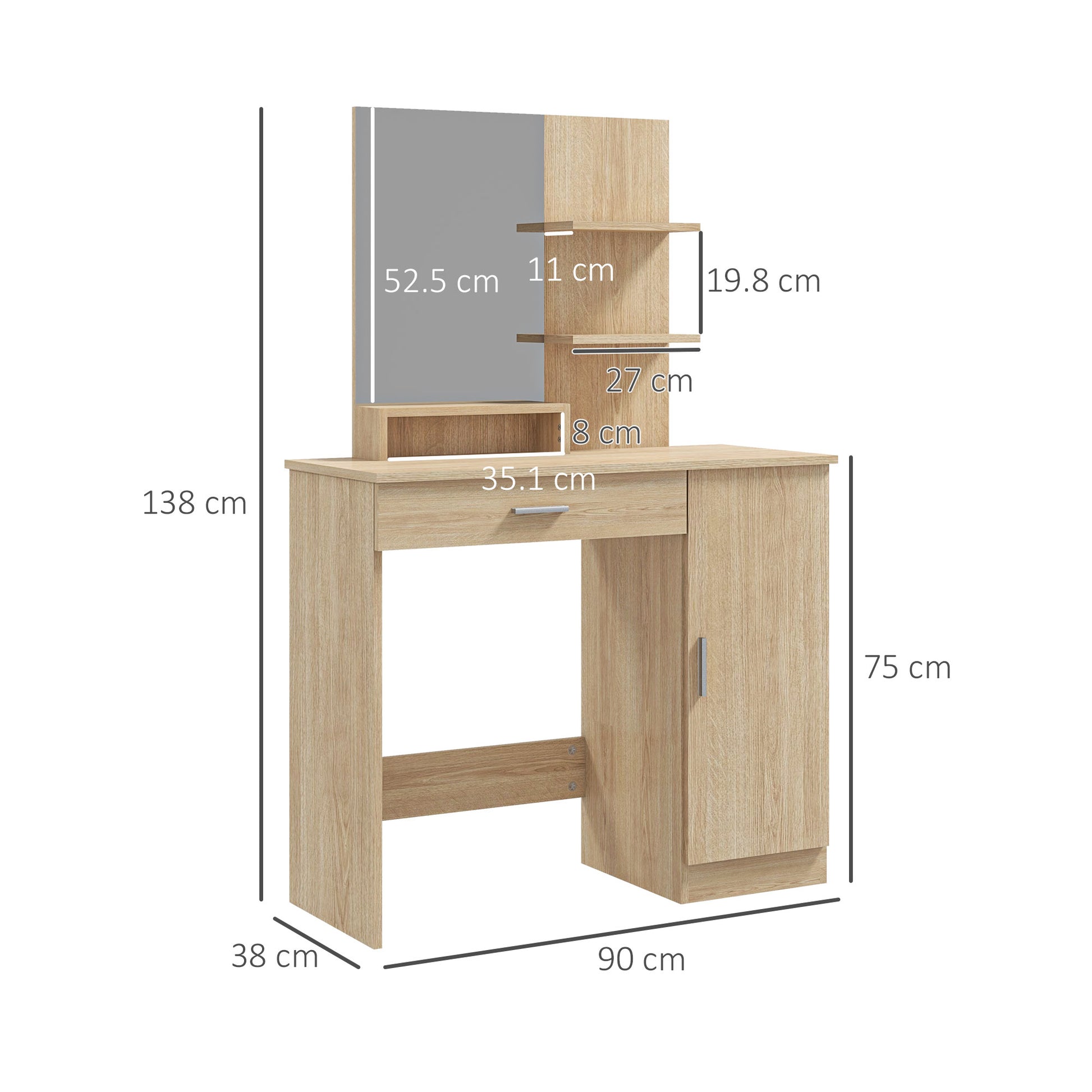 HOMCOM Contemporary Maple Wood-effect Vanity Table with Ample Storage and Mirror - ALL4U RETAILER LTD