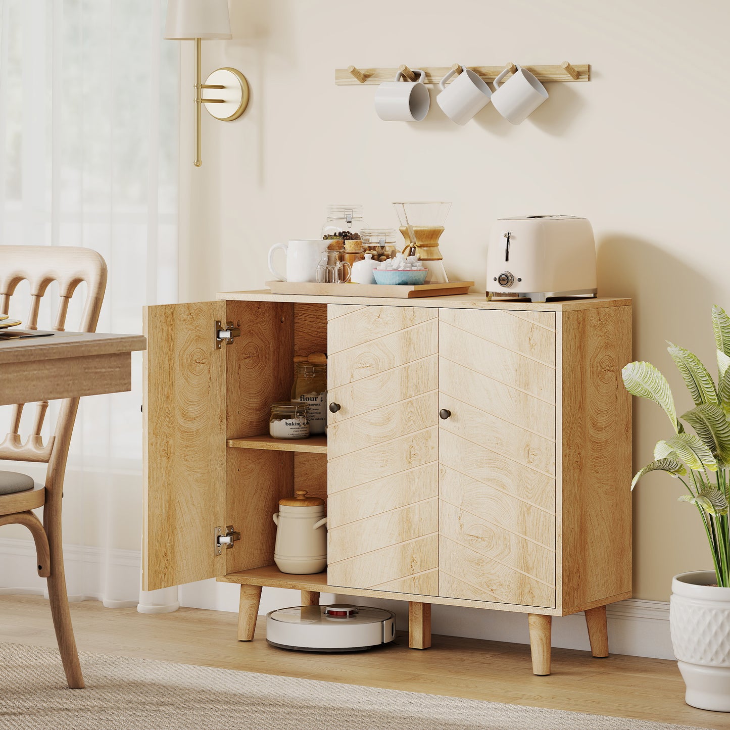 HOMCOM Vintage Sideboard With Chevron Doors And Pine Wood Legs For Living Room And Kitchen