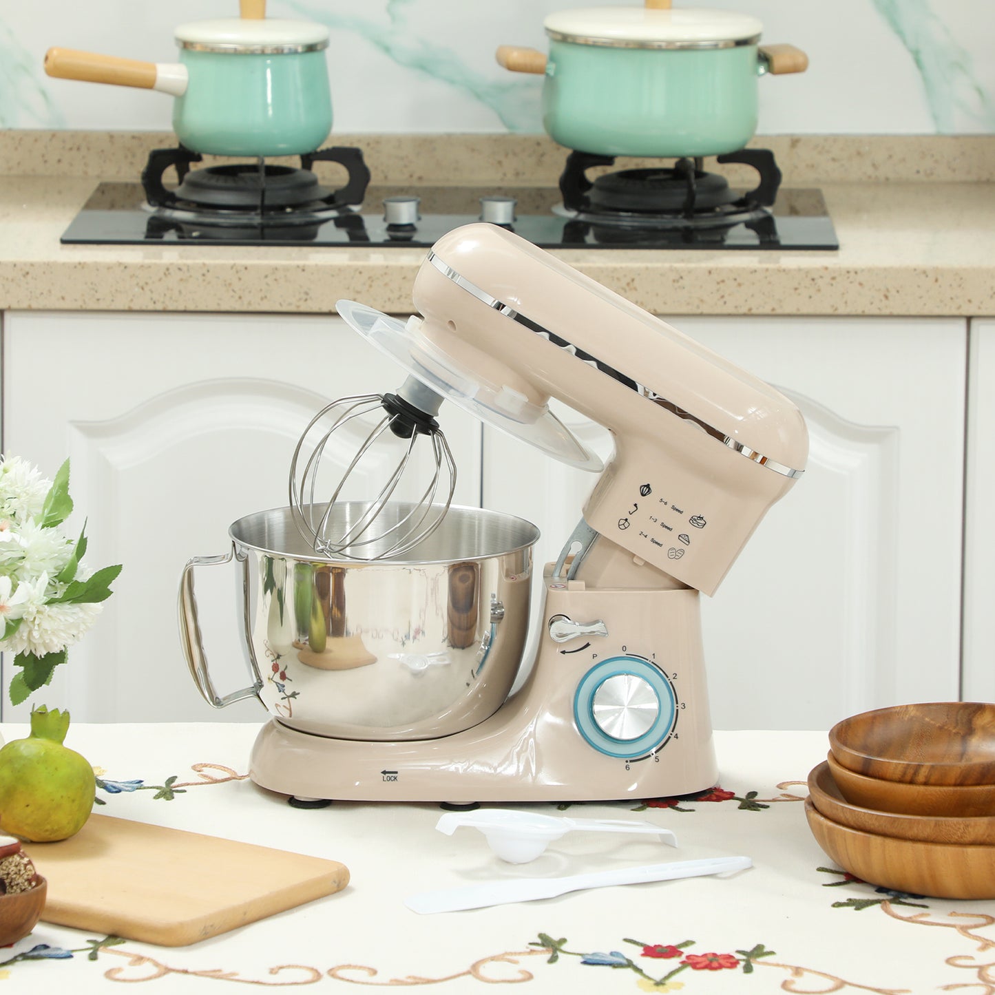 HOMCOM 1300W Stand Mixer With Accessories Beige 6 Speeds And Pulsation 4.5L Stainless Steel Bowl