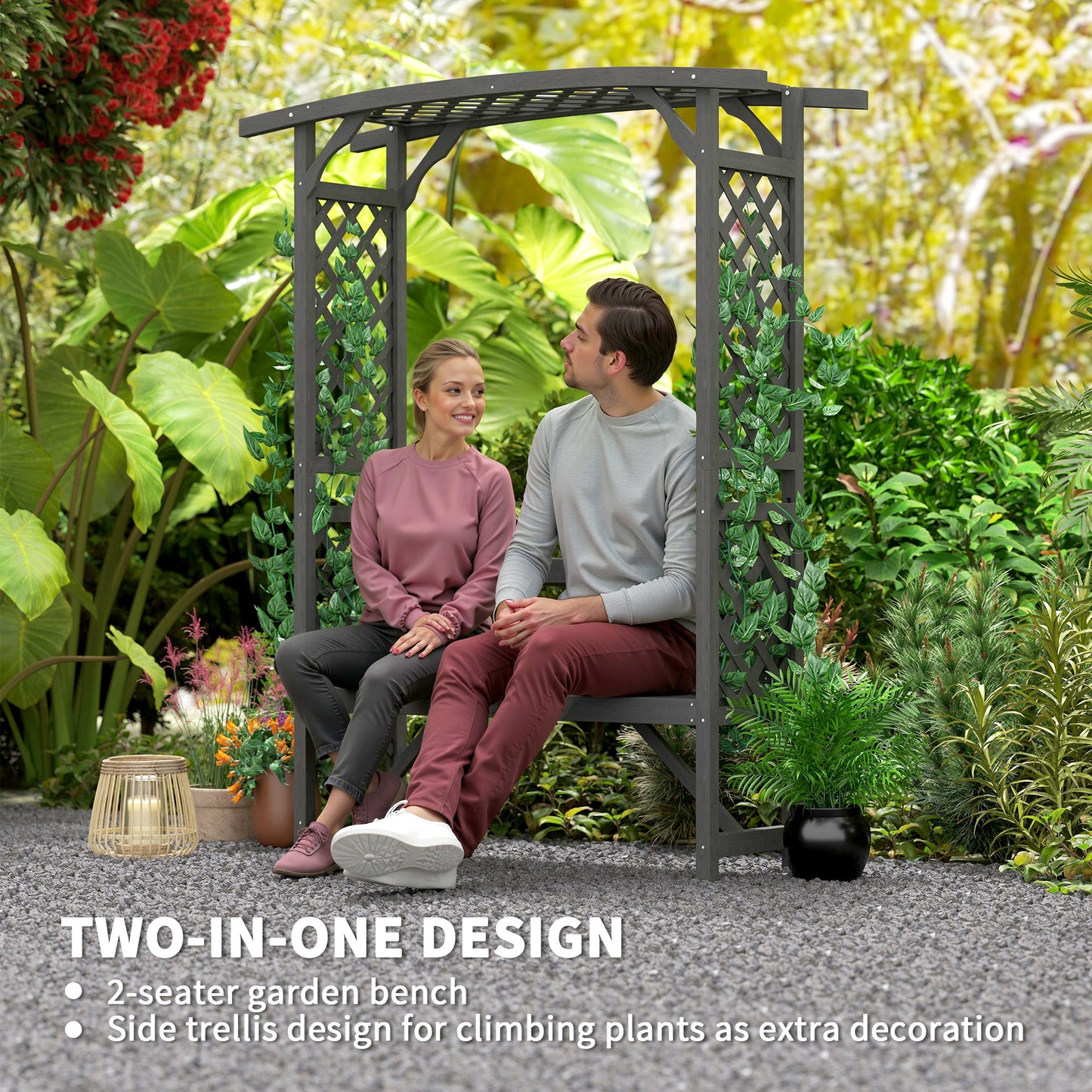 Outsunny Wooden Garden Arbour Bench With Trellis For Climbing Plants And Vines Grey Finish