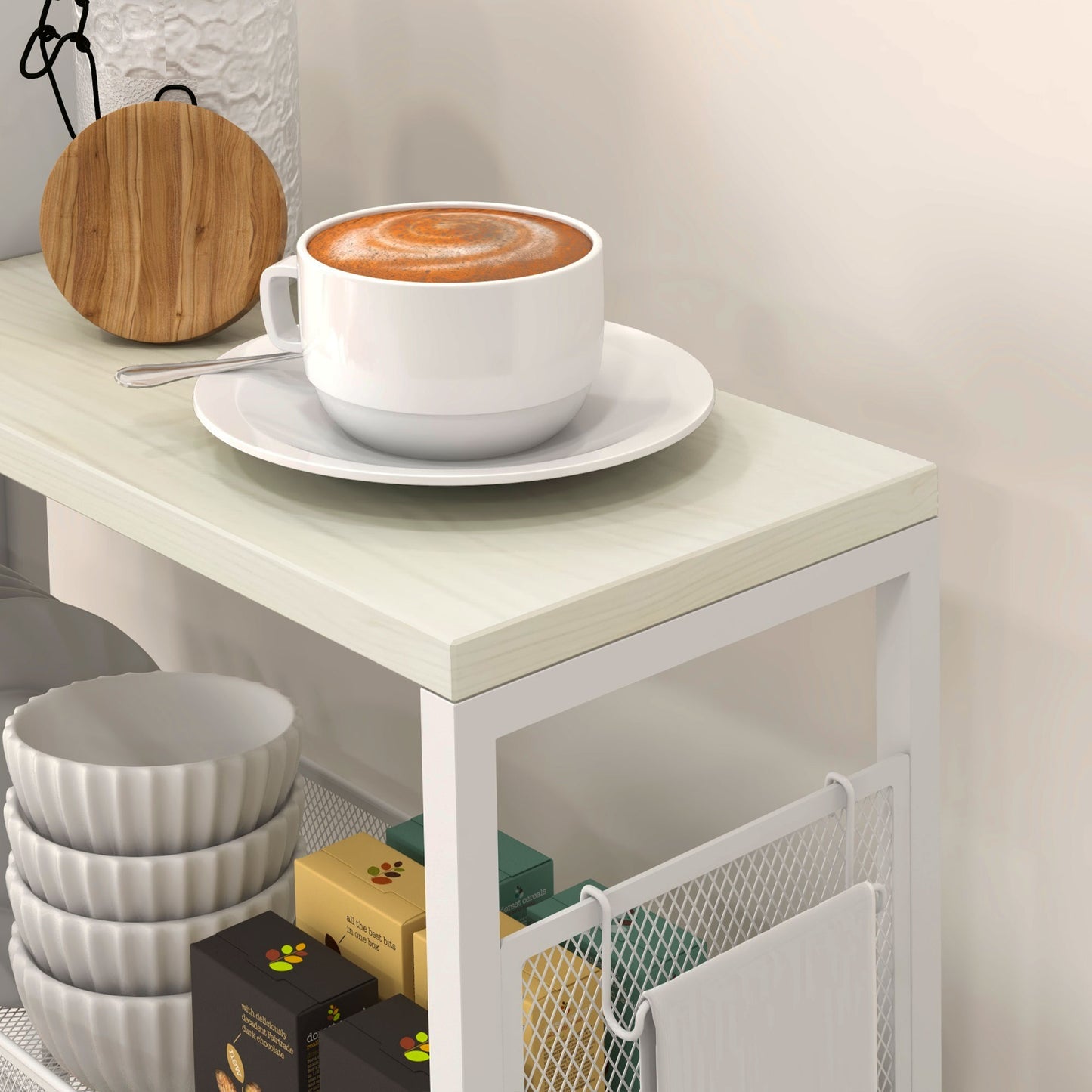 HOMCOM 3 Tier Kitchen Cart With Steel Wire Baskets On Wheels White Finish For Kitchen Organization And Storage