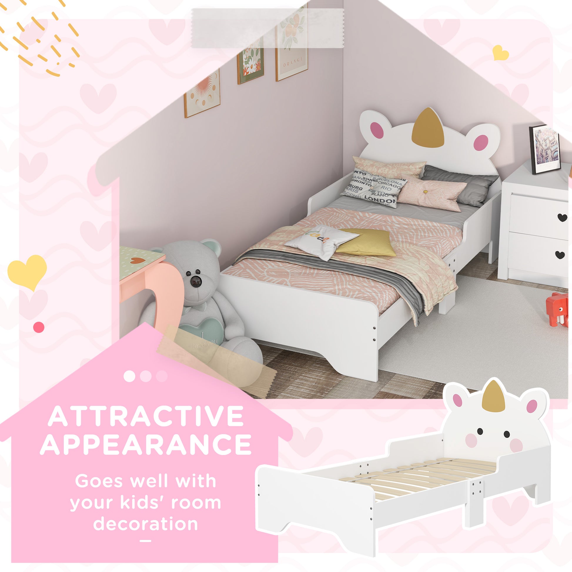 ZONEKIZ Enchanted Unicorn Toddler Bed for Ages 3-6, Compact Children's Bedroom Furniture in White, 143 x 74 x 67 cm - ALL4U RETAILER LTD