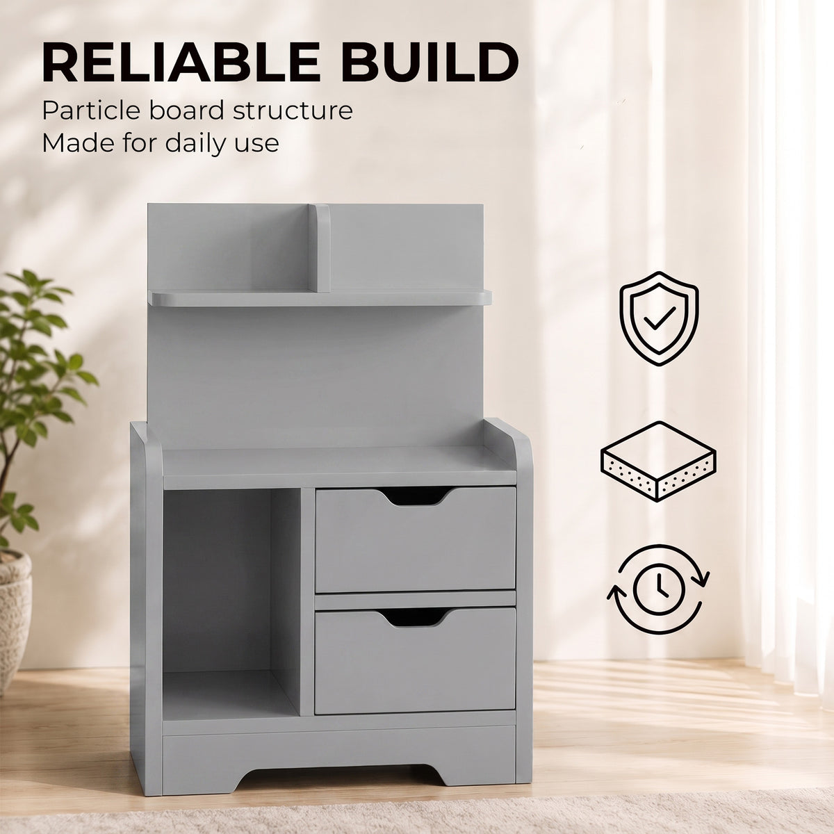 HOMCOM Grey Bedside Table with 2 Drawers and Open Storage Shelves for Bedroom