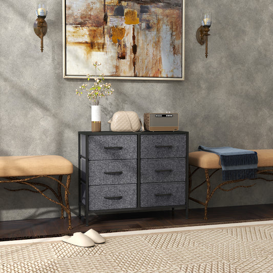HOMCOM Fabric Chest Of Drawers With Steel Frame And Wooden Top Six Fabric Drawers Industrial Dresser Black