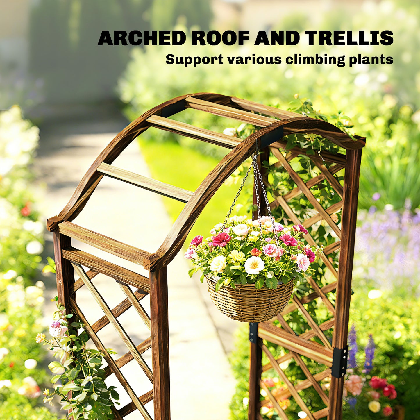 Outsunny Wooden Garden Arch With Two Planter Boxes Outdoor Rose Arch Trellis For Climbing Vines Carbonised Finish