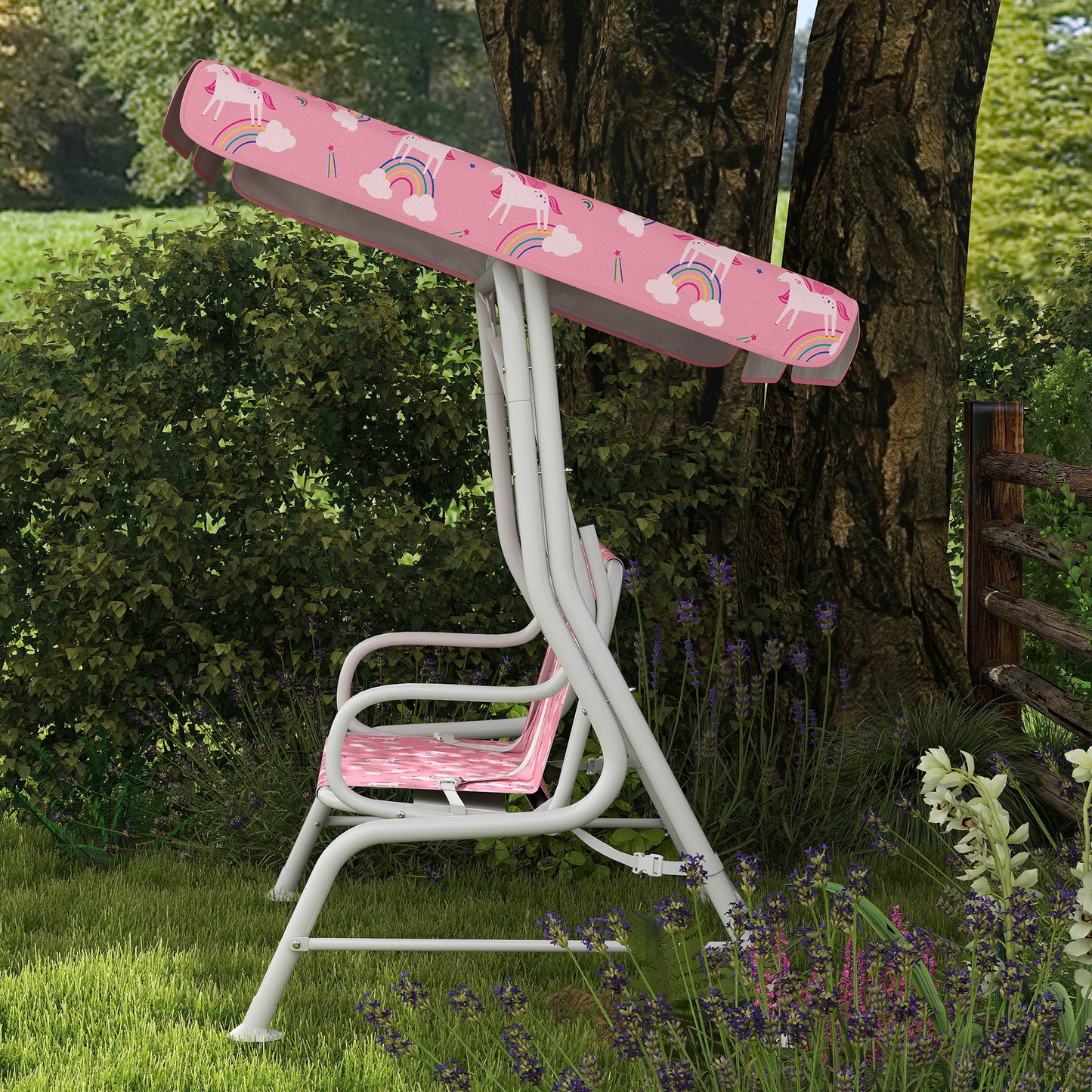 AIYAPLAY Pink 2 Seater Kids Porch Swing with Adjustable Canopy Garden Patio Hammock and Seat Belts Safari Animal Design