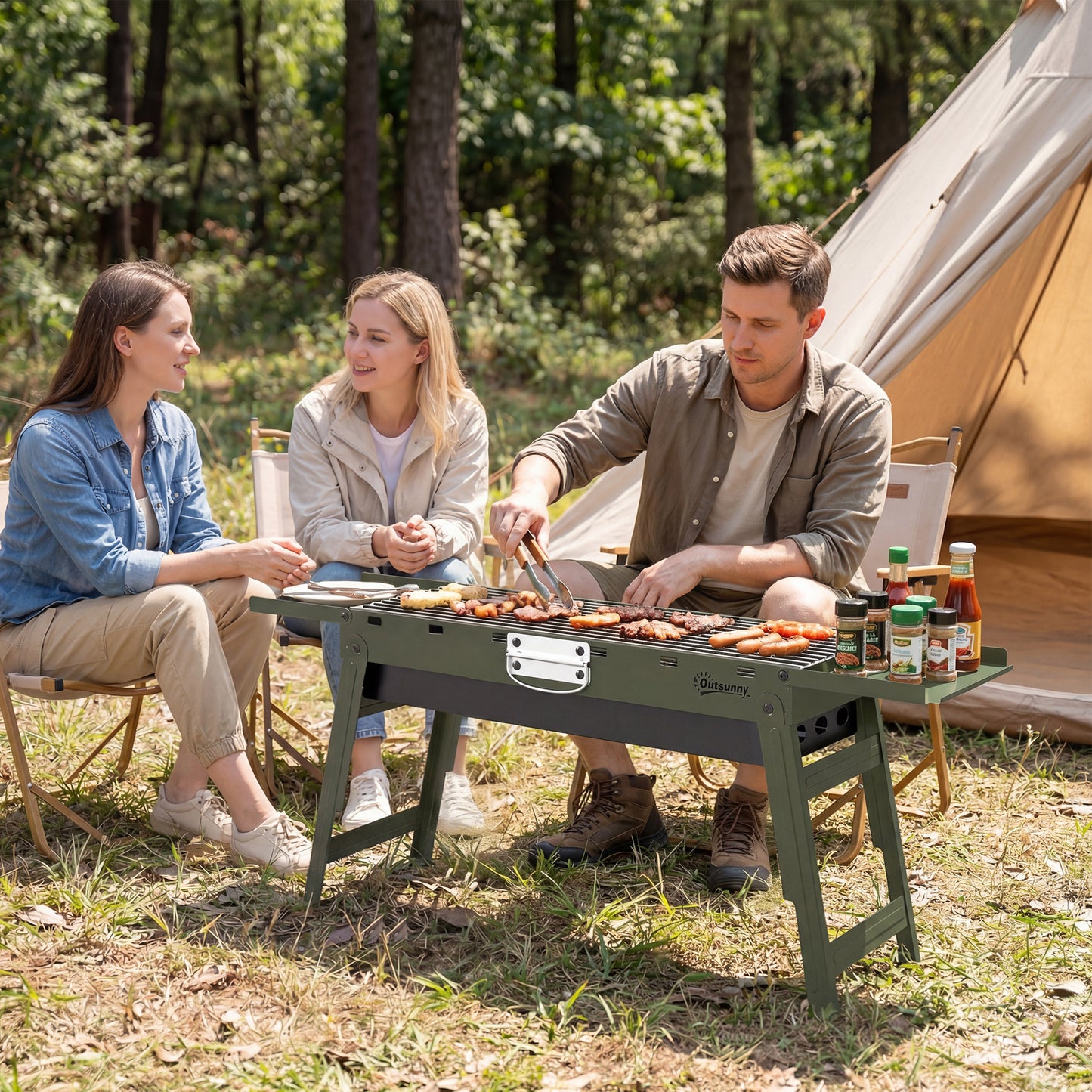 Outsunny Portable Foldable Charcoal BBQ Grill for Camping and Picnics with Two Side Shelves and Handle Green
