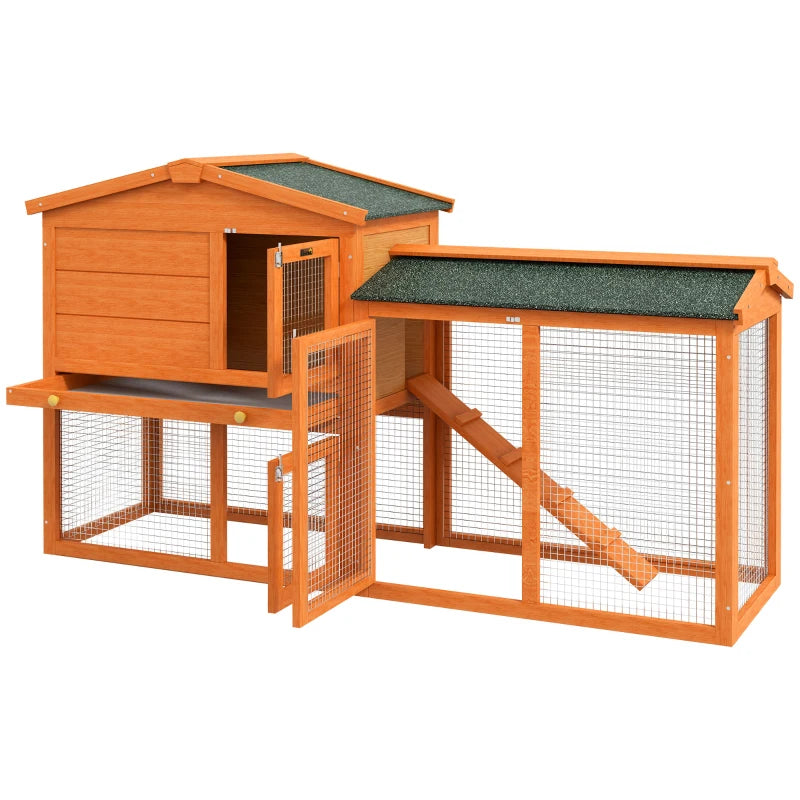 PawHut 2-Tier Wooden Rabbit Hutch with Outdoor Run, Ramp, Slide-Out Tray, for Garden and Yard, Orange - Pet House for Small Animals - ALL4U RETAILER LTD