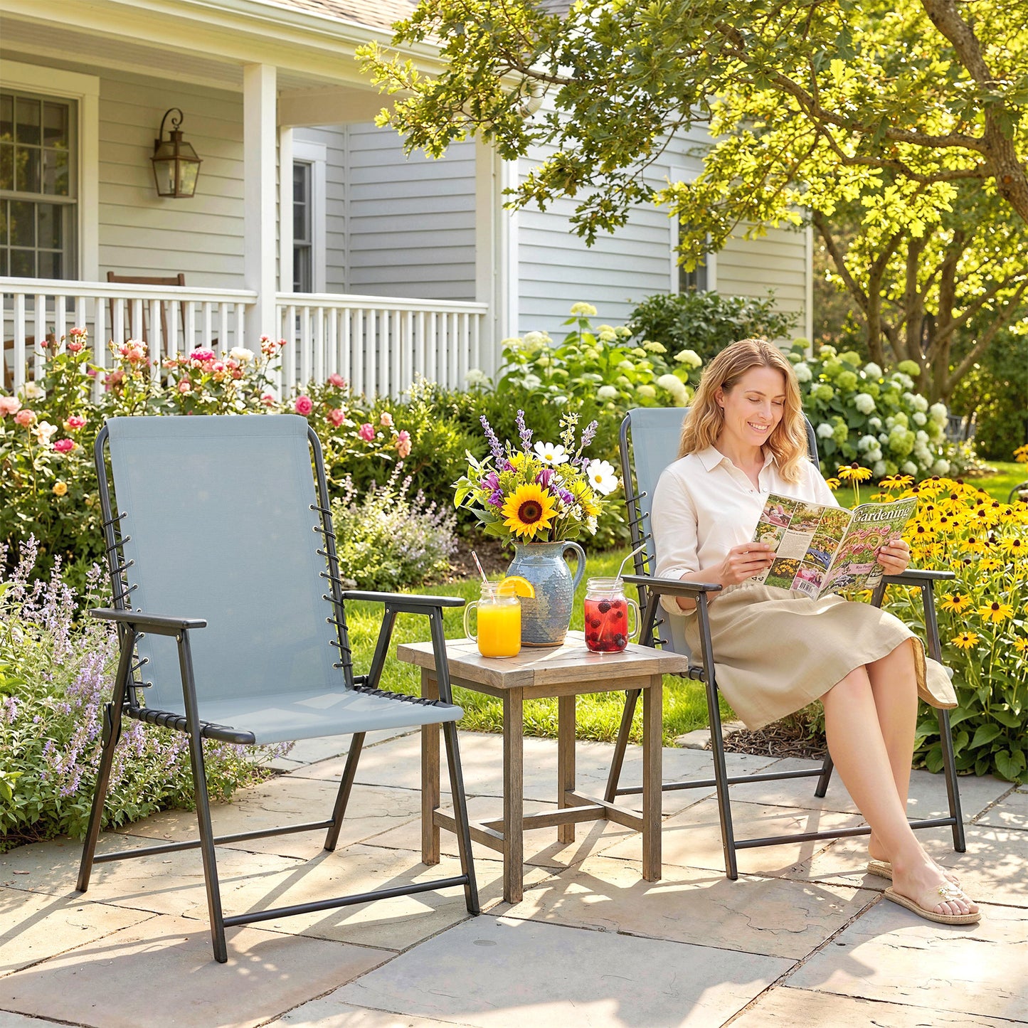 Outsunny Folding Garden Chairs Set 2 Outdoor Dining Chairs With Wide Texteline Seat High Back And Armrests Light Grey