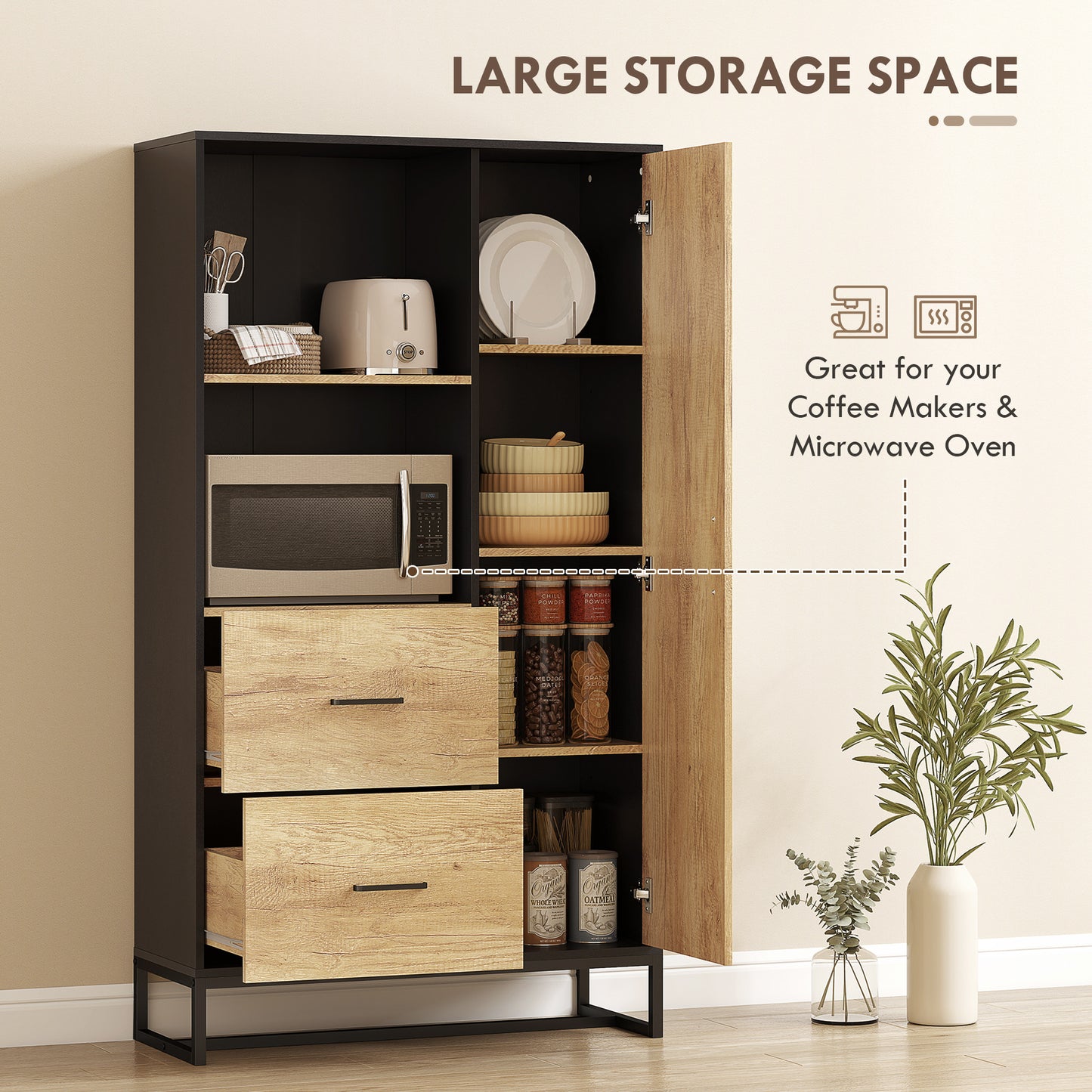 HOMCOM Tall Kitchen Cupboard Freestanding Pantry Cabinet With Adjustable Shelves And Drawers Soft Close Door 160cm
