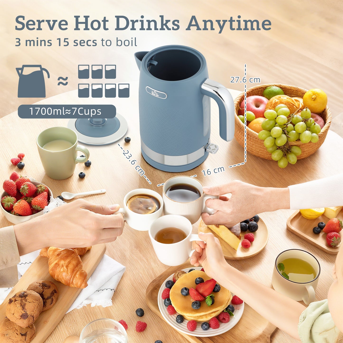 HOMCOM Kettle and Four Slice Toaster Set in Blue with Textured Finish and Otter Thermostat