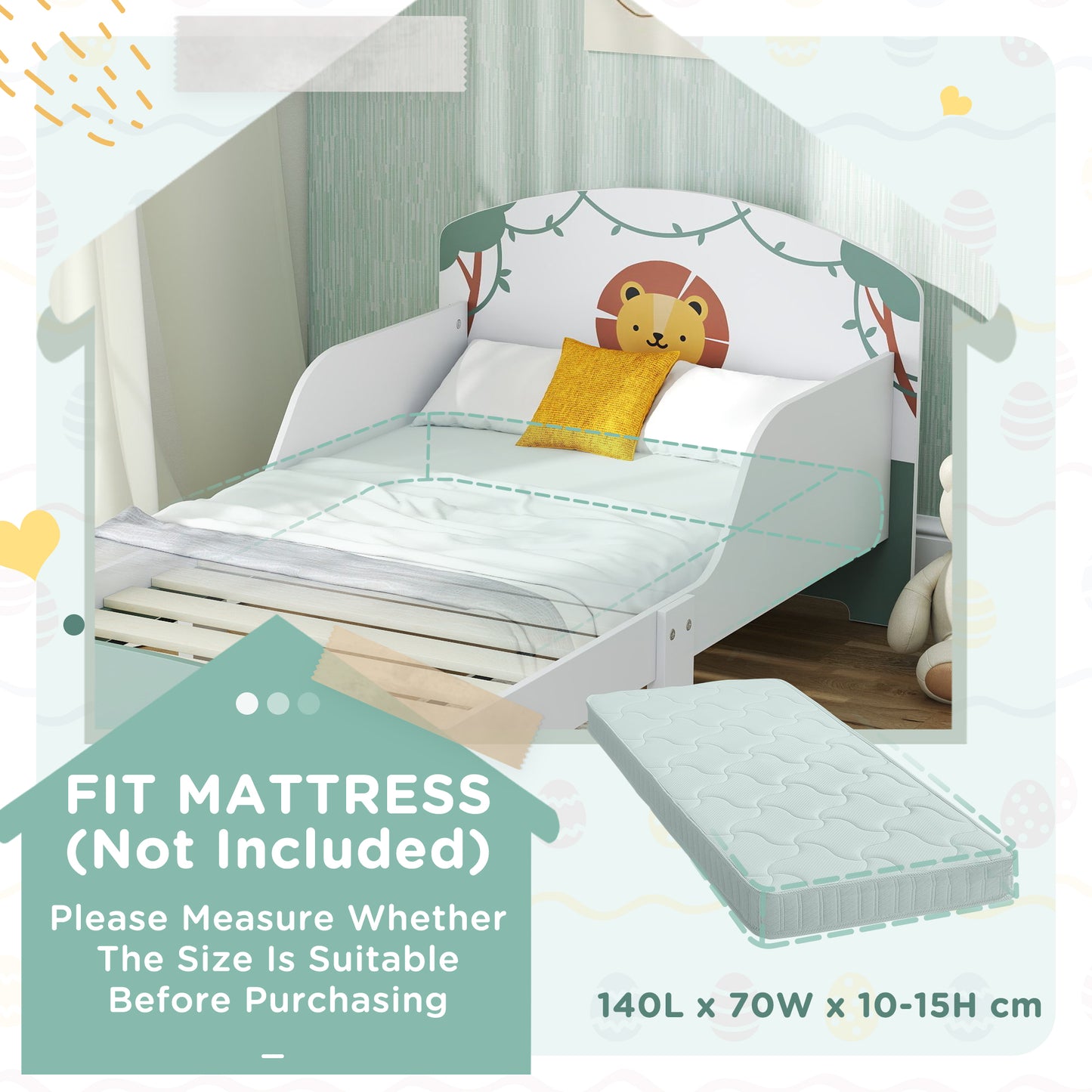 AIYAPLAY Toddler Bed With Storage And Guardrails Lion Design Fits 140 X 70cm Mattress Green Ages 3-8