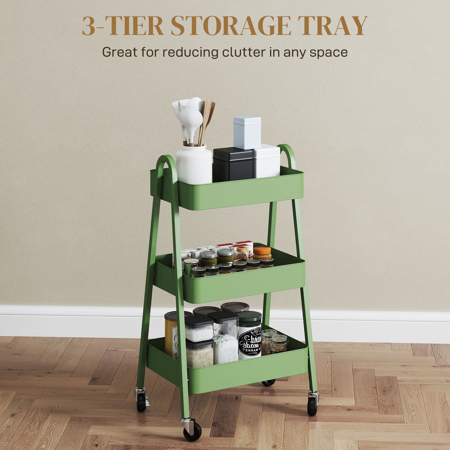 HOMCOM Three Tier Storage Trolley On Wheels With Mesh Trays Four Wheels And Brakes Green