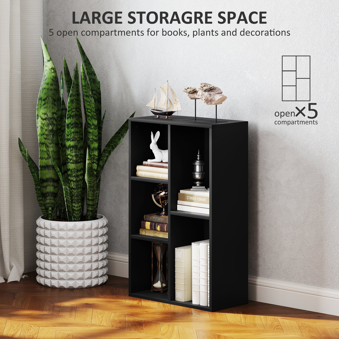 HOMCOM Two Tier Bookshelf With Five Open Storage Cubes Black Finish Modern Compact Floor Standing Unit