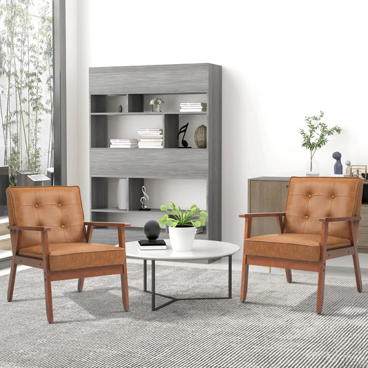 HOMCOM Two Pack Retro Style Accent Chairs With Faux Leather Seats Brown For Living Room Office And Bedroom