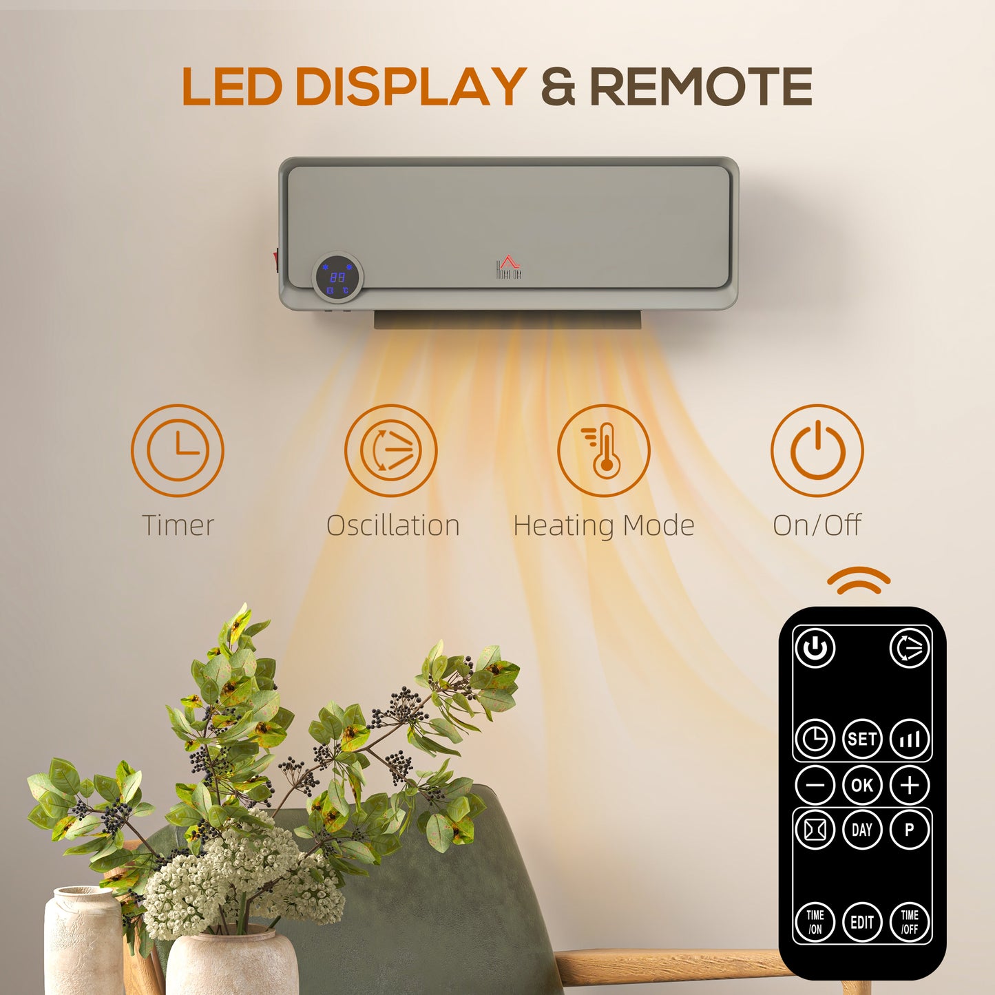 HOMCOM Wall Downflow Heater With Timer Remote Oscillating 1000W 2000W Electric Space Heater Grey