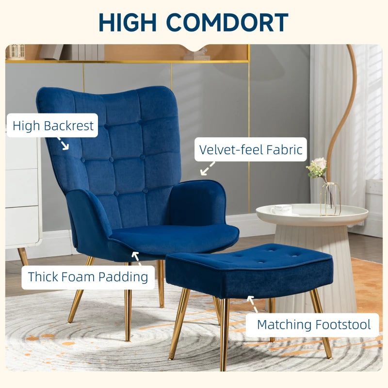 HOMCOM Modern Velvet Wingback Armchair with Footstool - Dark Blue