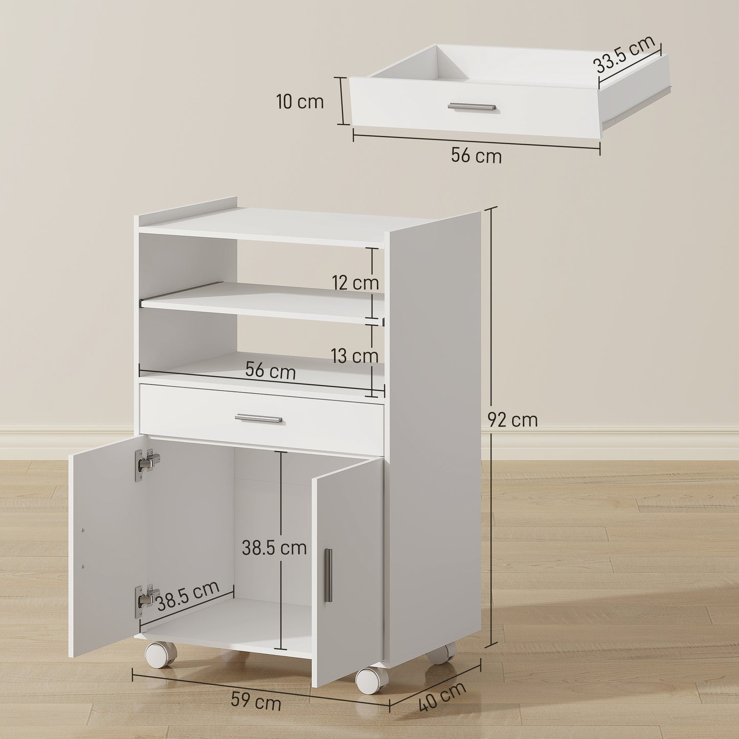 Homcom Kitchen Trolley With Wheels Mobile Microwave Stand With Slide Out Shelf Drawer And Two Doors For Dining Room