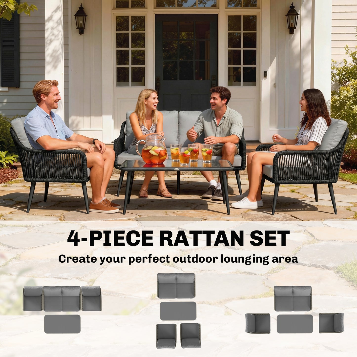 Outsunny Rattan Garden Furniture Set 4 Piece Outdoor Patio Set With Tempered Glass Table And Cushioned Chairs