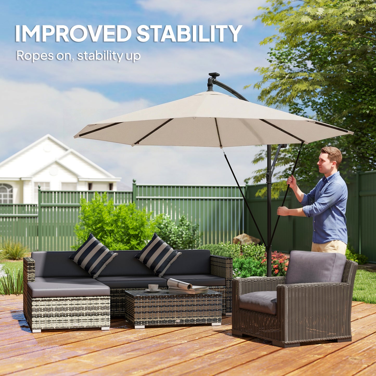 Outsunny 3 Meter Cantilever Parasol With Solar LED Lights Garden Umbrella Cream White Cross Base