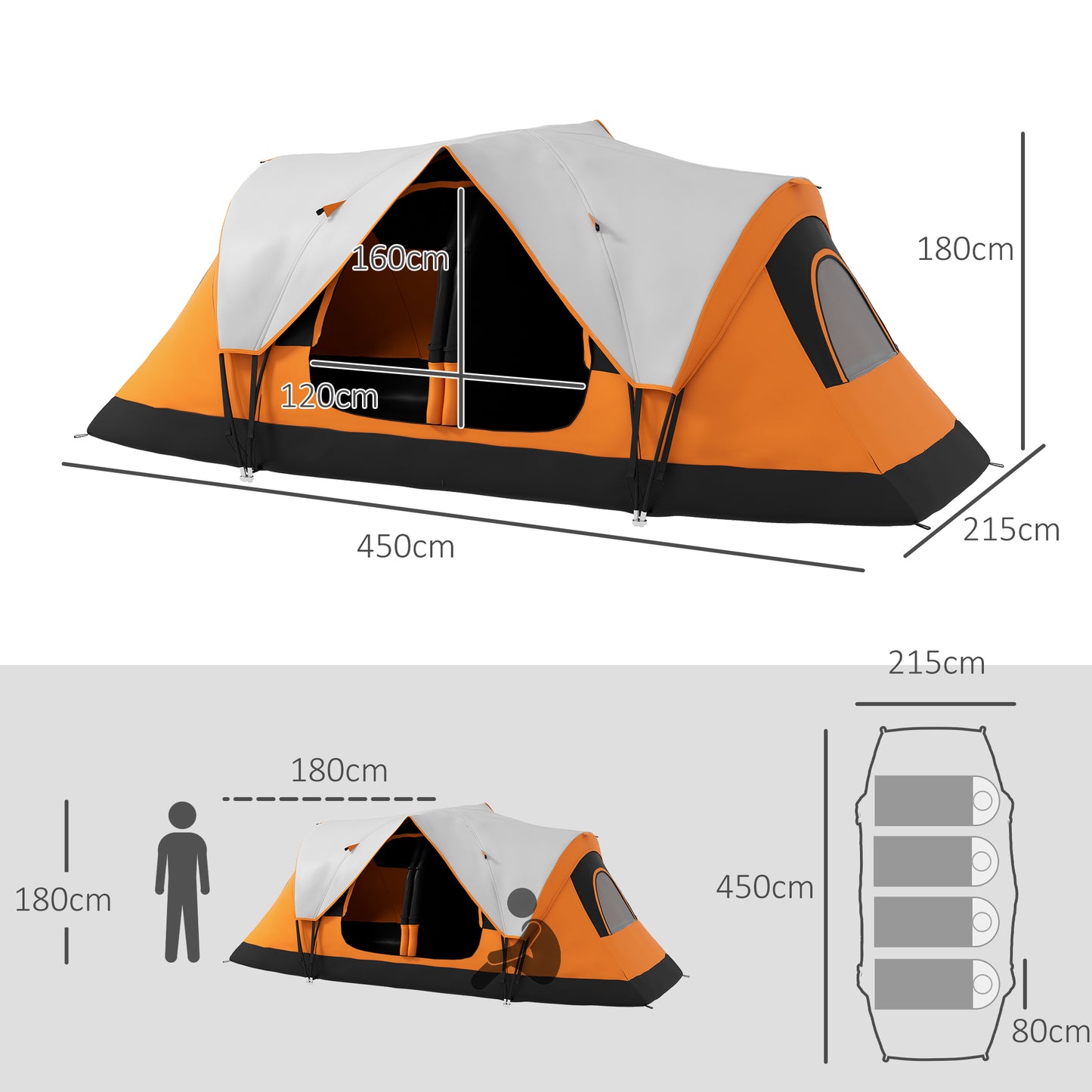 Outsunny Spacious 6-8 Person Waterproof Camping Tent with Removable Rainfly and Carry Bag, Orange - ALL4U RETAILER LTD