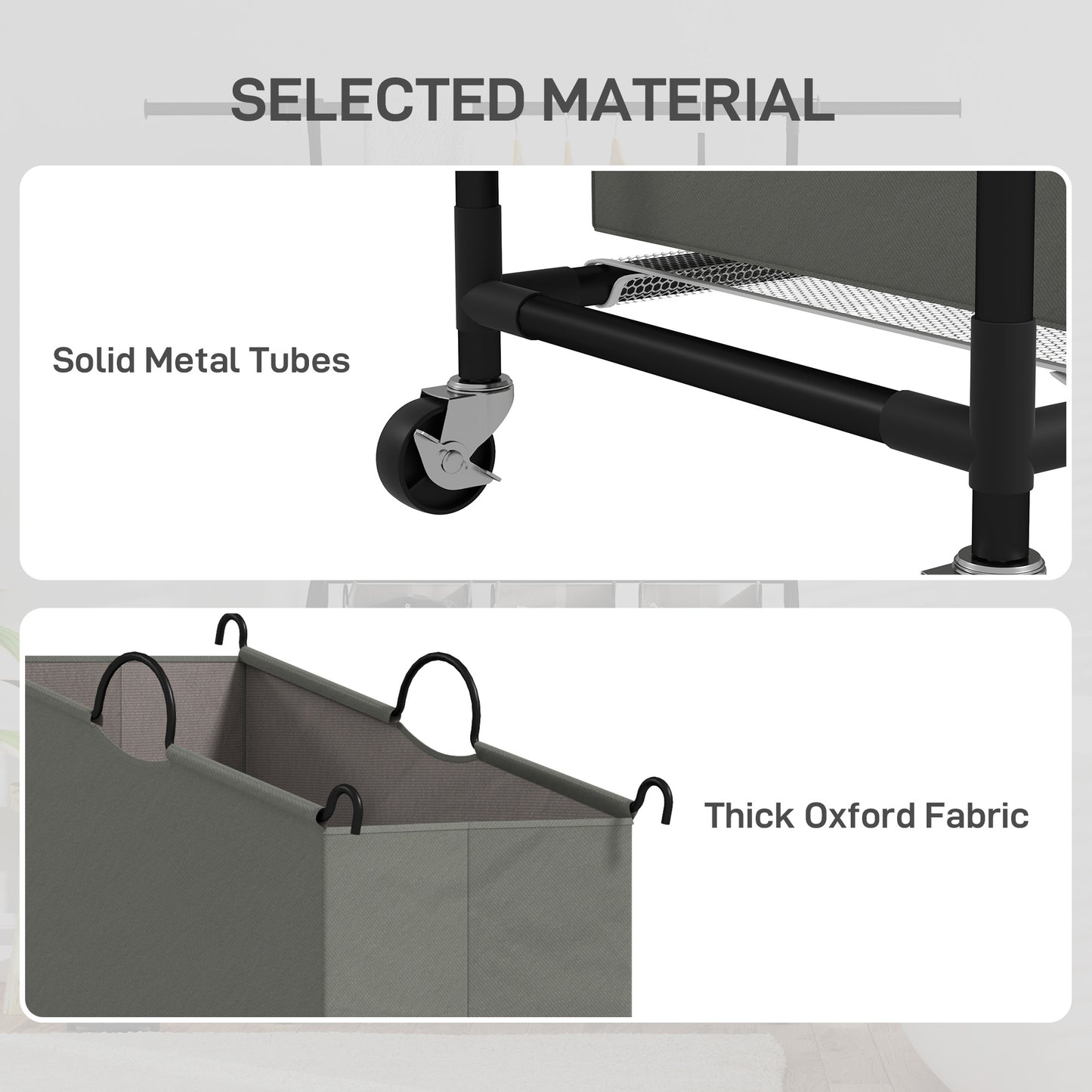 HOMCOM 3x 42L Laundry Basket Unit With Hanging Rail On Wheels Black And Grey With Four Wheels And Brakes