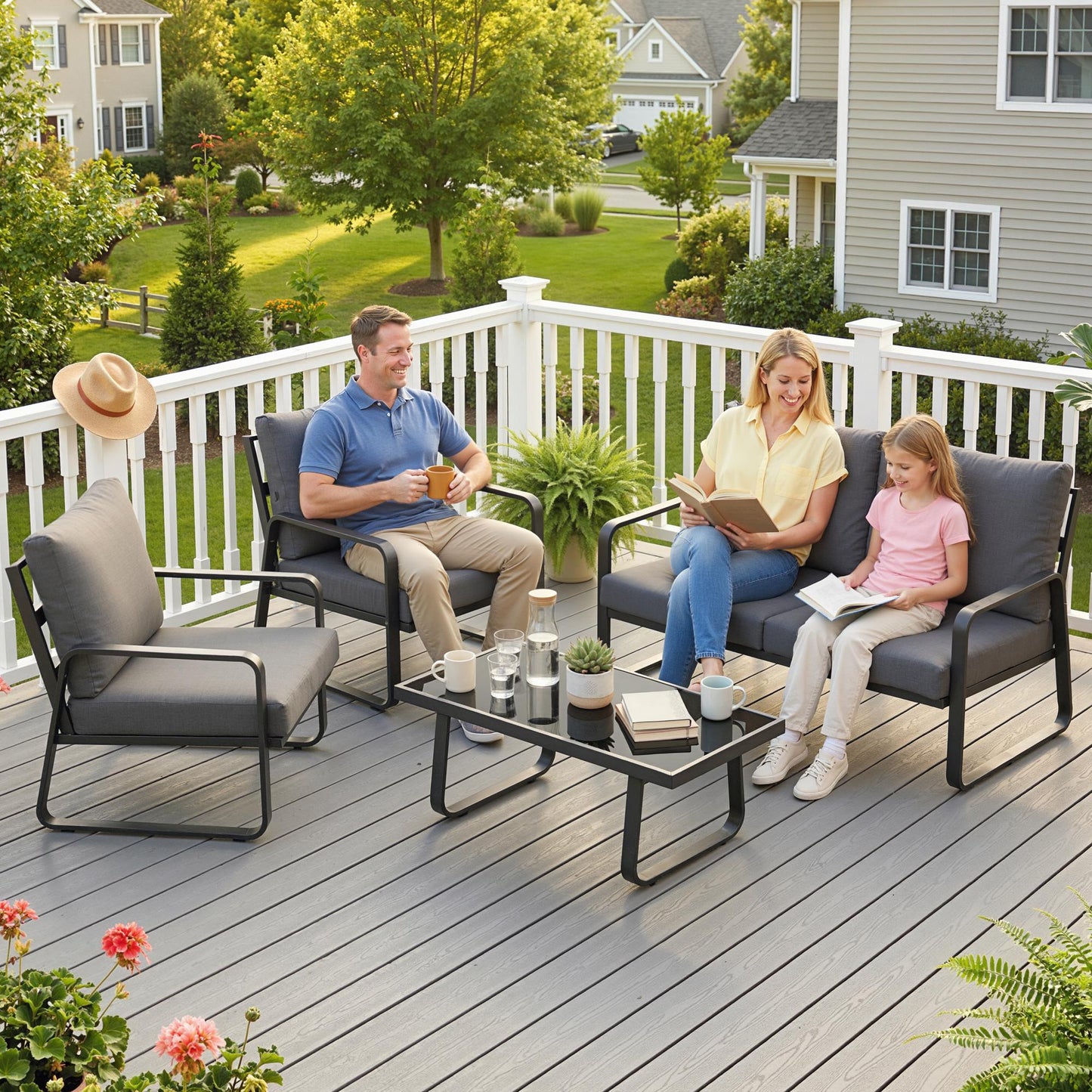 Outsunny 4 Piece Garden Furniture Set Outdoor Sofa Set Loveseat Armchairs Coffee Table Cushions All Weather