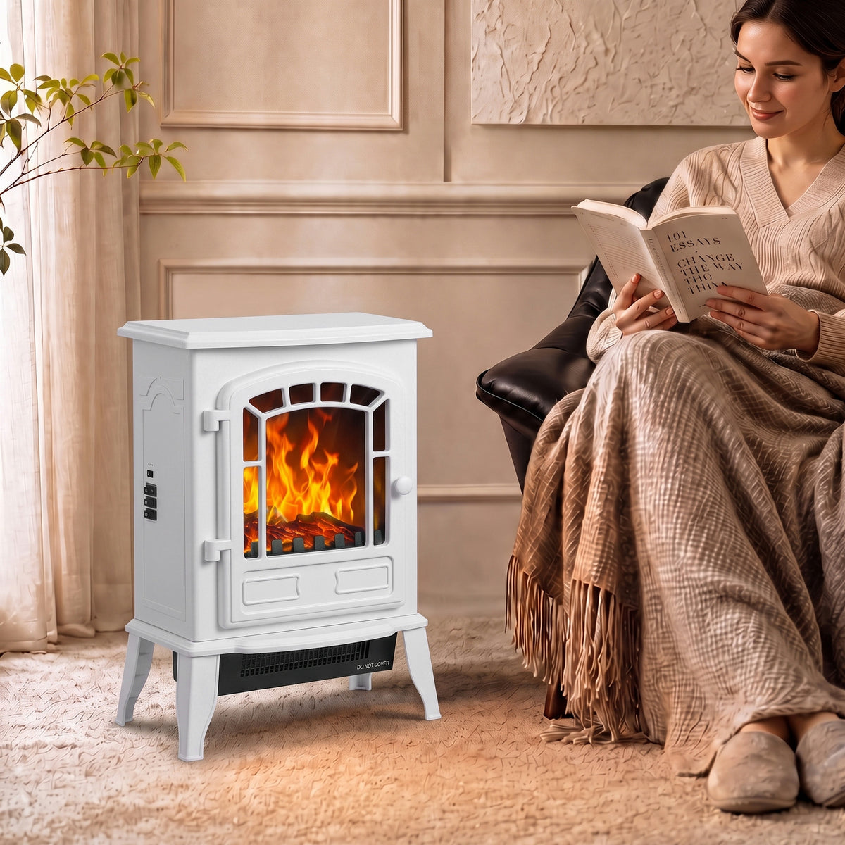 HOMCOM 2000W Freestanding Electric Fireplace With LED Flame And Thermostat White