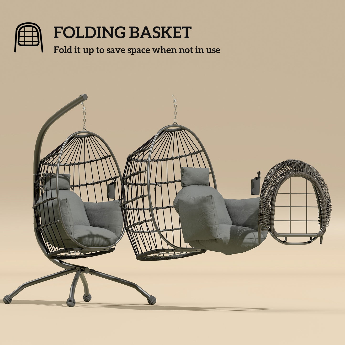 Outsunny Hanging Egg Chair With Stand For Patio Balcony Outdoor Garden Swing Thick Cushion Cup Holder Headrest Dark Grey