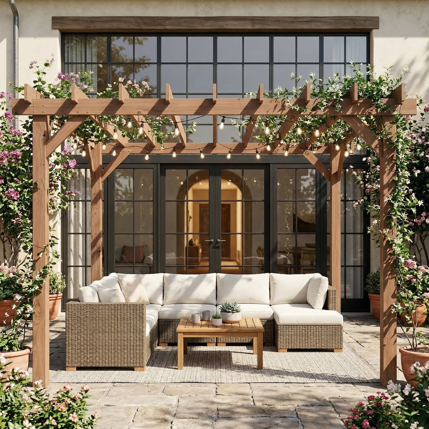 Outsunny 3.6 x 3 m Wooden Pergola Kit Garden Gazebo Grape Trellis With Triangle Supports Maple Wood Effect
