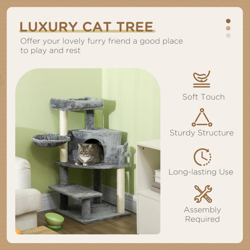 PawHut 100cm Grey Cat Tree Tower with Sisal Scratching Post - Sturdy & Stylish Furniture for Your Feline Friend - ALL4U RETAILER LTD