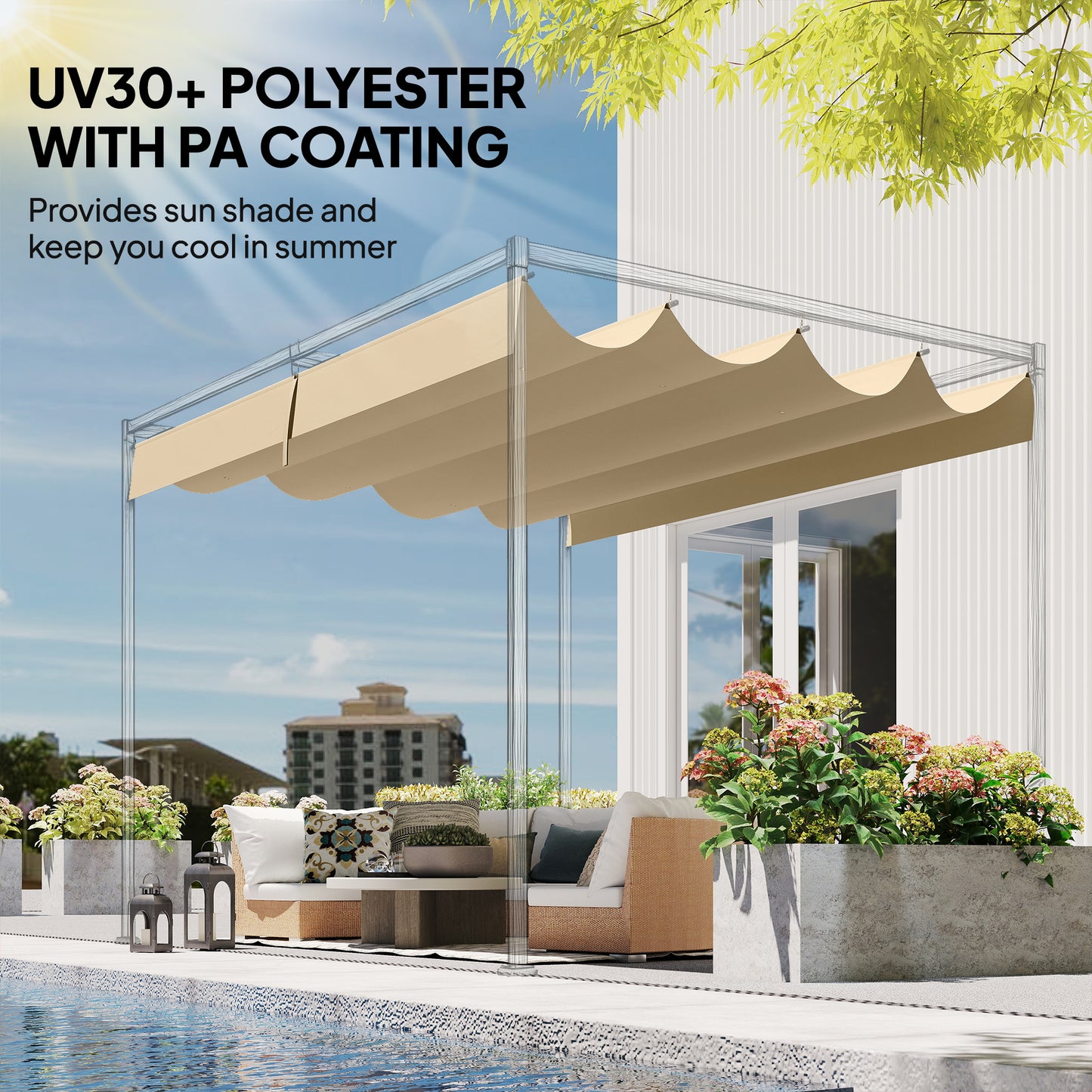 Outsunny Retractable Pergola Canopy Replacement Cover 3.92 by 3.5 Meters UV30 Plus Khaki For 4 by 3 Meters Pergola