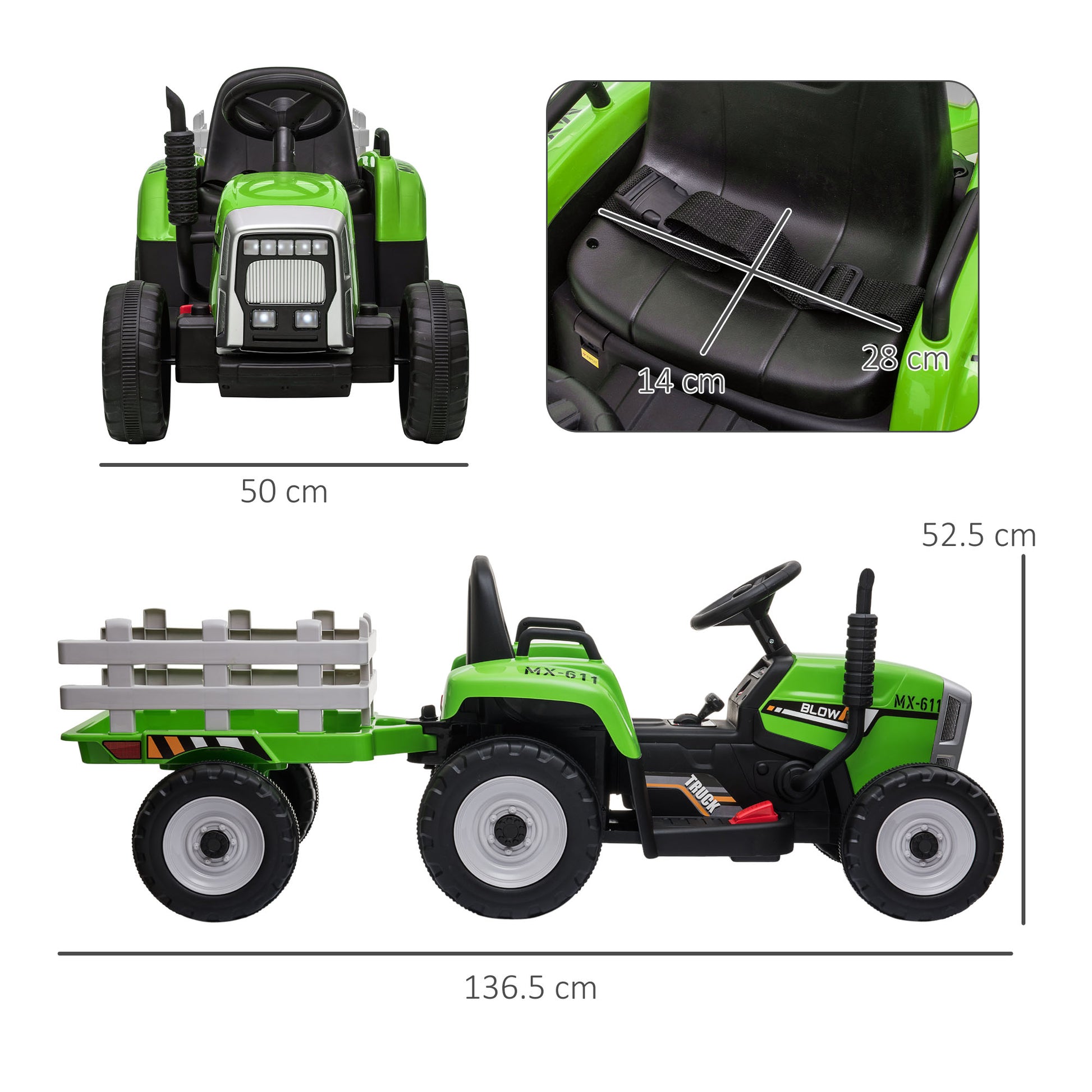 HOMCOM Electric Ride on Tractor with Detachable Trailer 12V Kids Battery Powered Electric Car with Remote Control Music for Kids Aged 3-6 Green - ALL4U RETAILER LTD