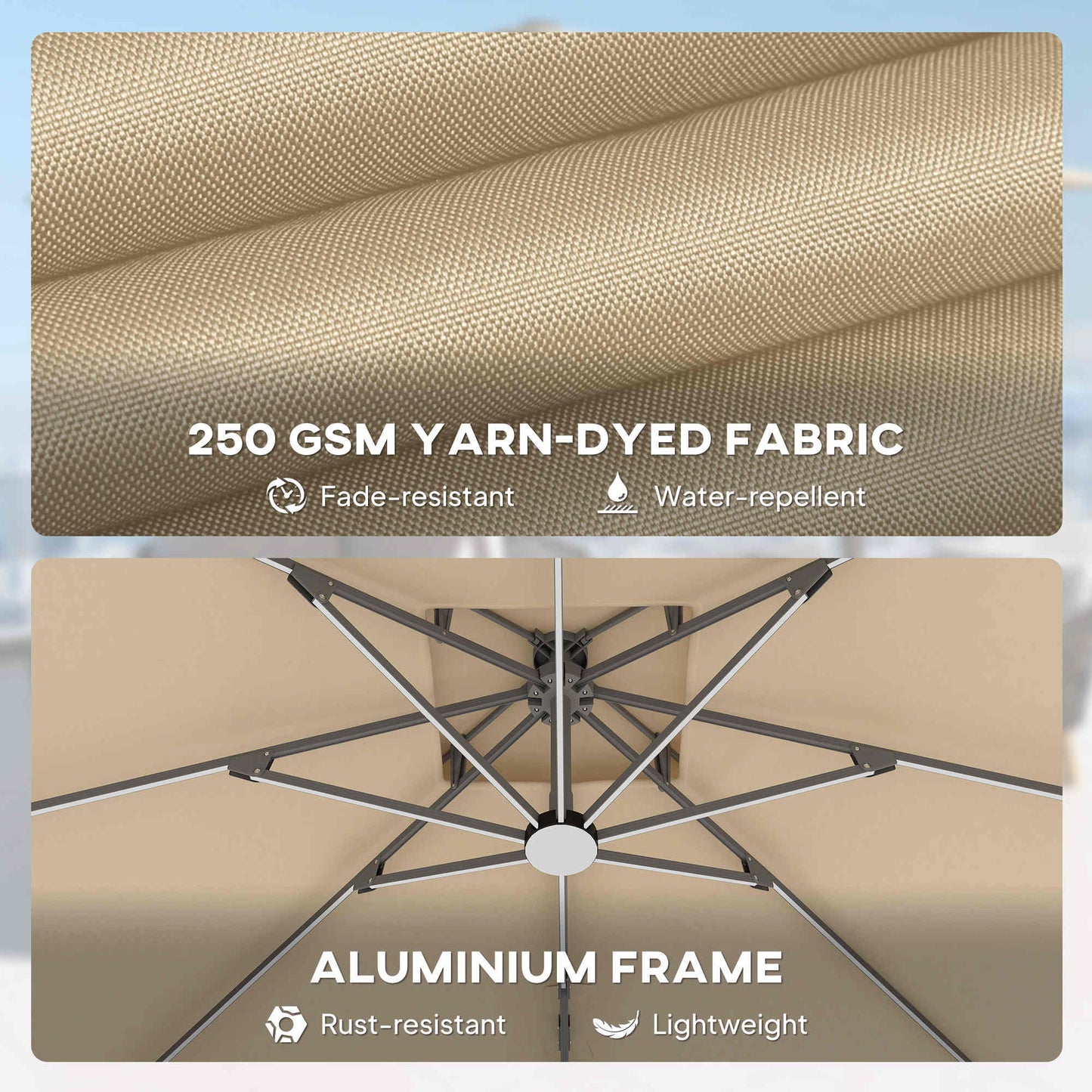 Outsunny 3 x 3(m) Aluminium Sun Square Canopy Top w/ Adjustable Pole Angle Khaki